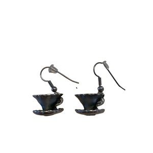 Pewter Tea Cup and Saucer Womens Dangle Earrings for Pierced Ears Jewelry
